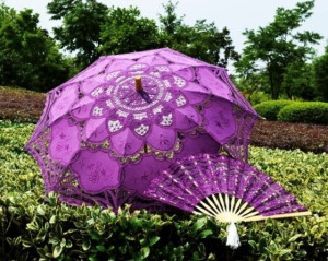 Purple Bamboo and Lace Parasol and Fan Combo